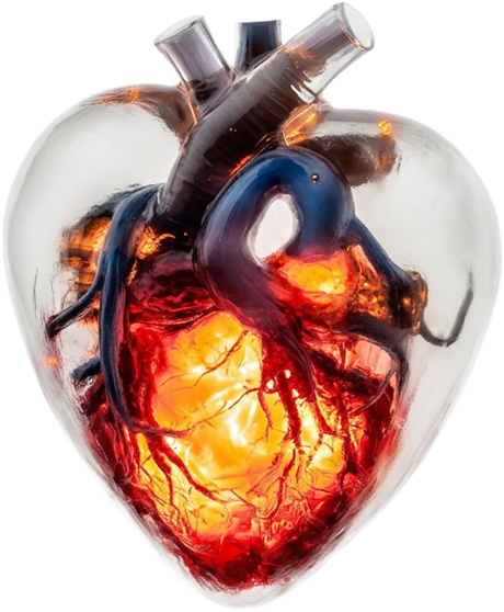 Coração humano em vidro translúcido com luz interna, símbolo de cardiologia preventiva