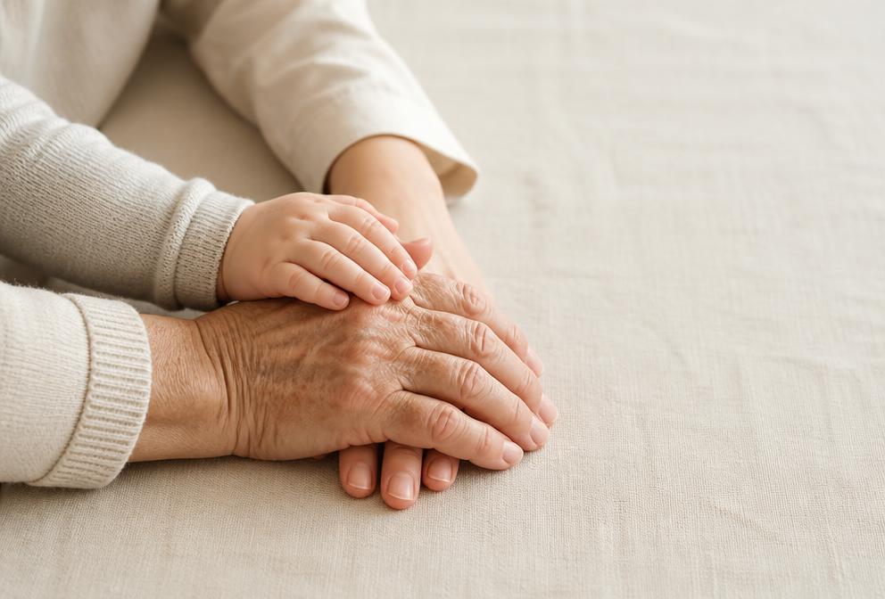 Mãos de duas gerações apoiadas juntas sobre mesa de linho