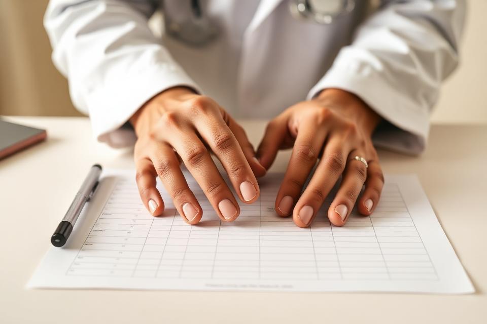 Mãos do médico sobre uma tabela de avaliação de risco cardiovascular