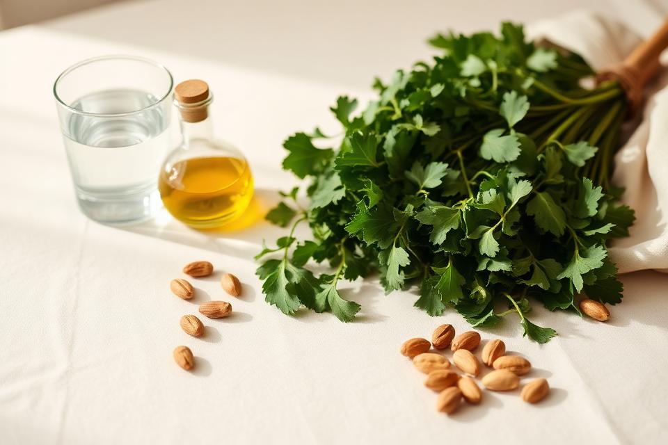 Azeite, folhas verdes frescas, castanhas e copo de água sobre mesa clara
